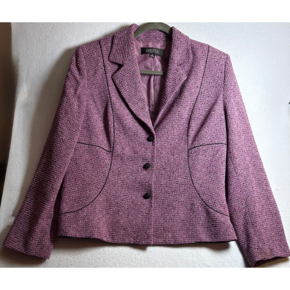 Kasper Womens Size 14 Purple Tweed Skirt Suit Blazer Set Contrast Piping Flounce - Picture 2 of 16